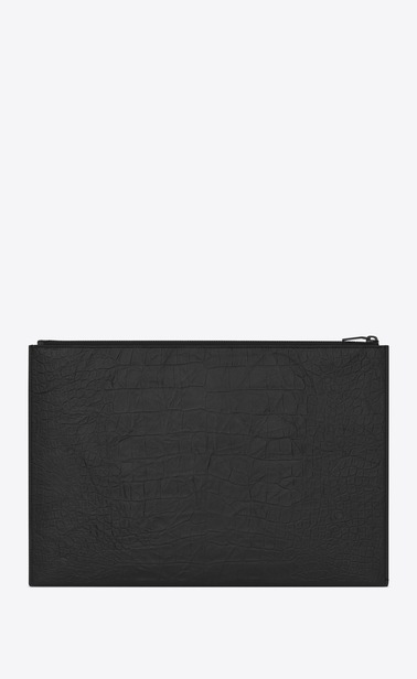 saint laurent dokumentenmappe aus schwarzem leder mit krokodillederprägung mit reißverschluss